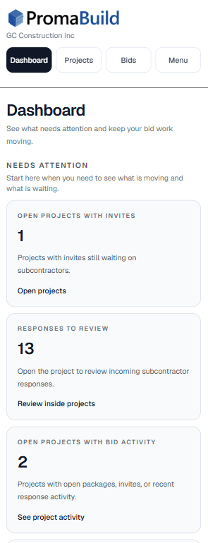 PromaBuild dashboard showing construction bid packages and project activity.